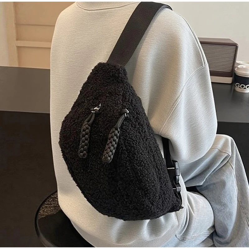 Gemütliche Kunstfell-Hüfttasche für Damen, weiche Winter-Plüsch-Umhängetasche, Brusttasche mit verstellbarem Riemen, lässige Mode, Pendler-Umhängetasche – Detail 10