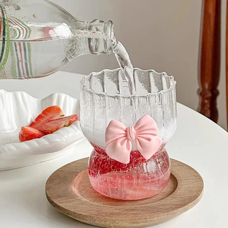 Pink Bow Glass Cups Cute Clear Striped Water Cups Creative Coffee Mug Household Fruit Tea Juice Glassware Home Supplies