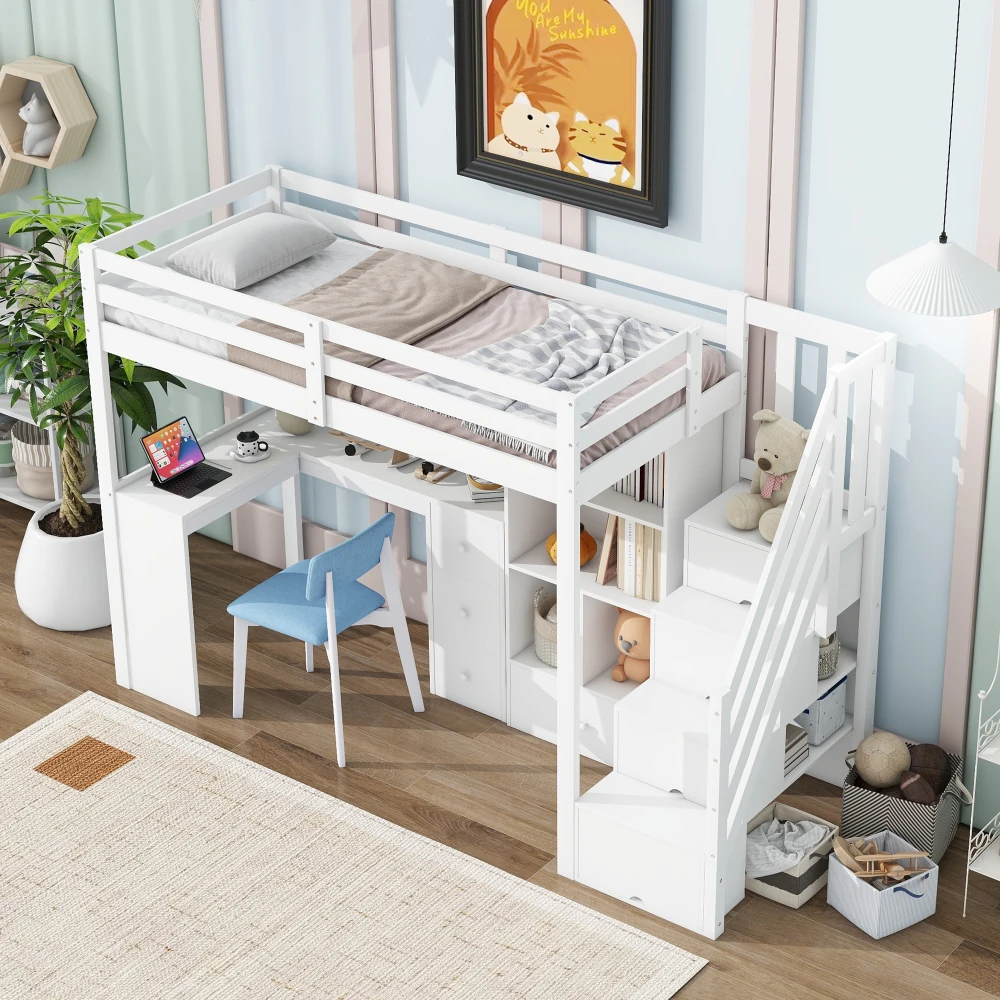 Hochbett, 90 x 200 cm, ohne Matratze, Schreibtisch, Schubladen, Balkon, offener Aufbewahrungsschrank, verstellbare Rolltreppen, EN 747-zertifiziert – Detail 9