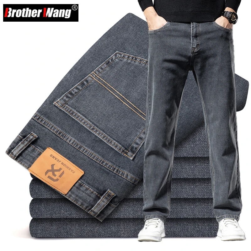 Plus Size 40 42 44 New Autumn Men's Blue-grey Straight-leg Jeans Business Casual Cotton Stretch Denim Pants Male Brand