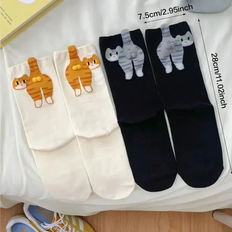 Soft Cotton Crew Socks for Women with Cartoon Cats