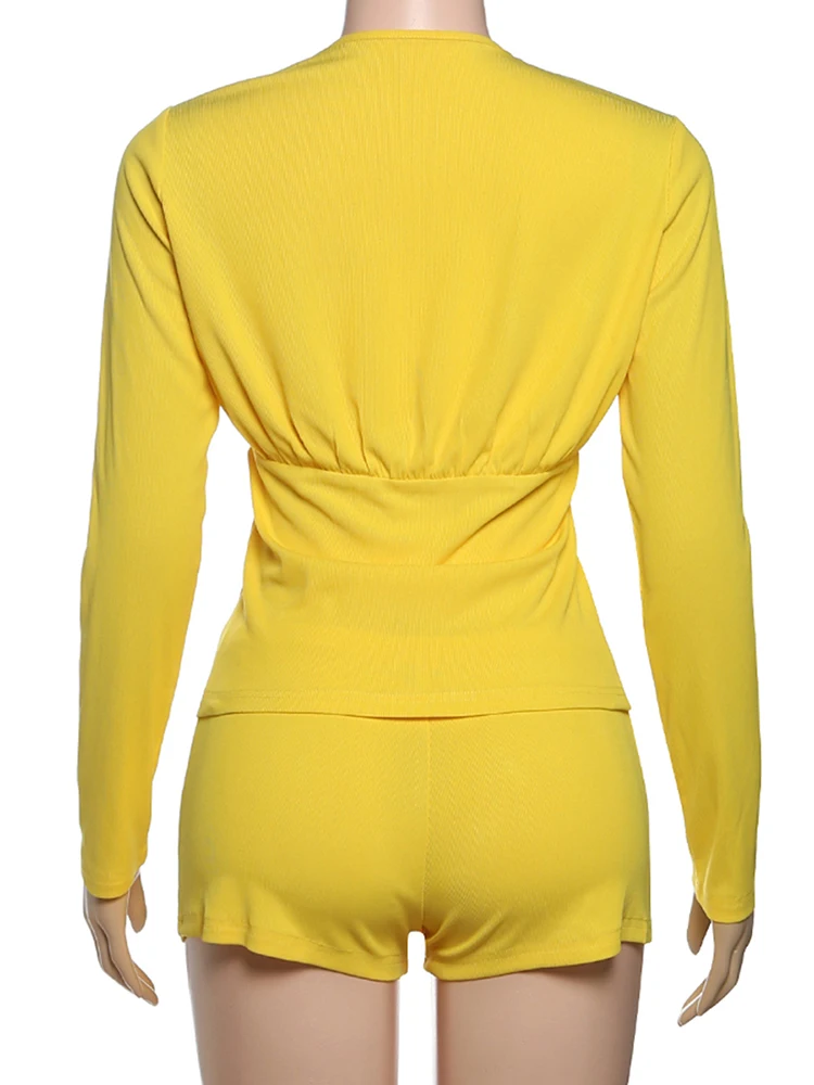 kliou Ribbed Casual Women 2 Piece Set Autumn New Full Sleeve V-neck Single Breasted Tops+Slim Shorts Mujer Daily Street Outfits