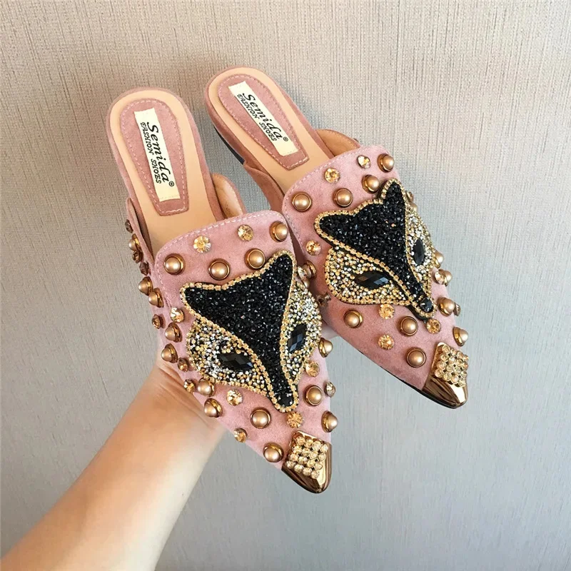 

Plus Size 35-43 luxury metal studs crystal fox modern slippers women summer shoes sandals slides metalic pointed toe mules 2023