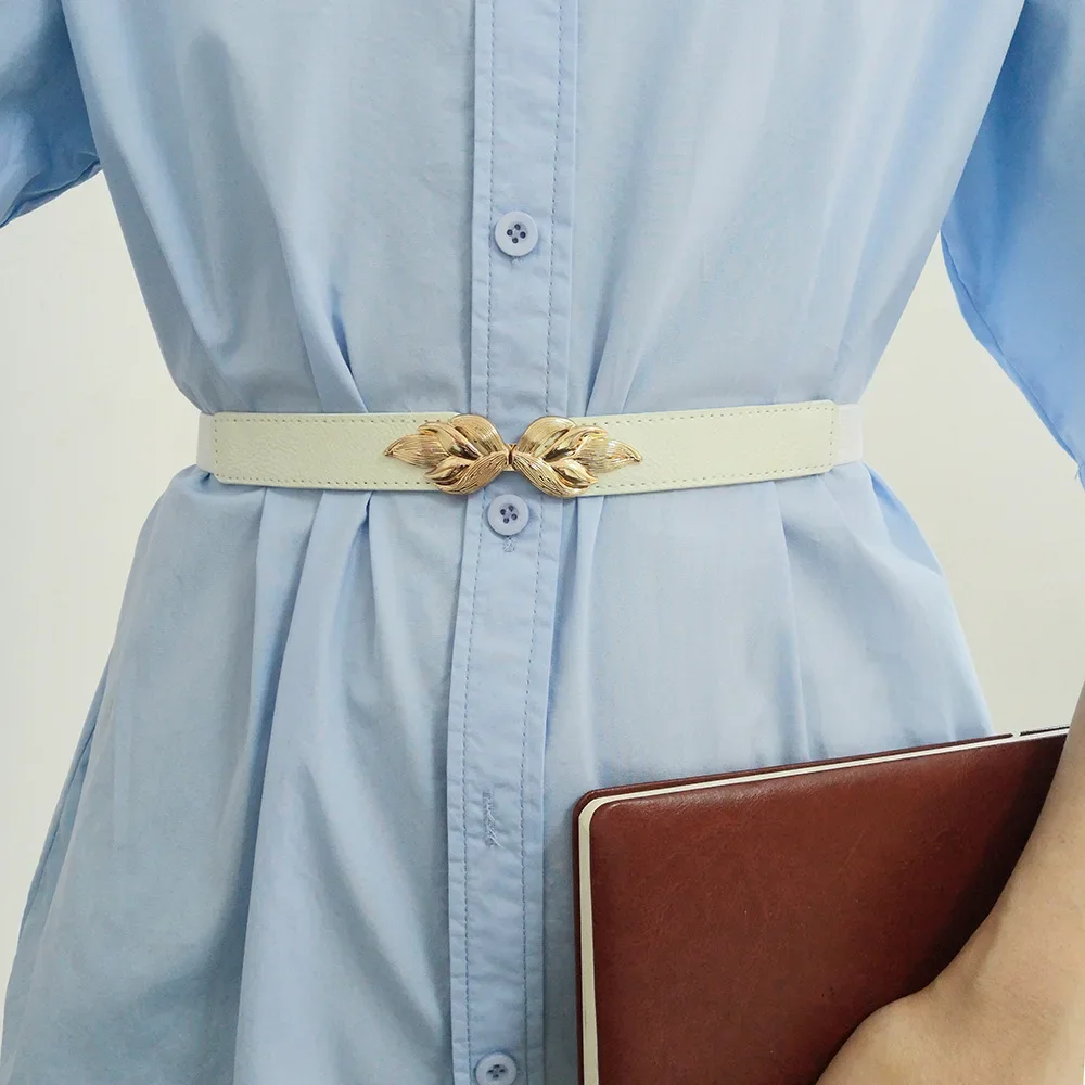 Fashion Leaf Thin Belt Stretch Dress Belt Women Fashion Waist Thin Buckle Waistband for Ladies Belt Decoration Narrow