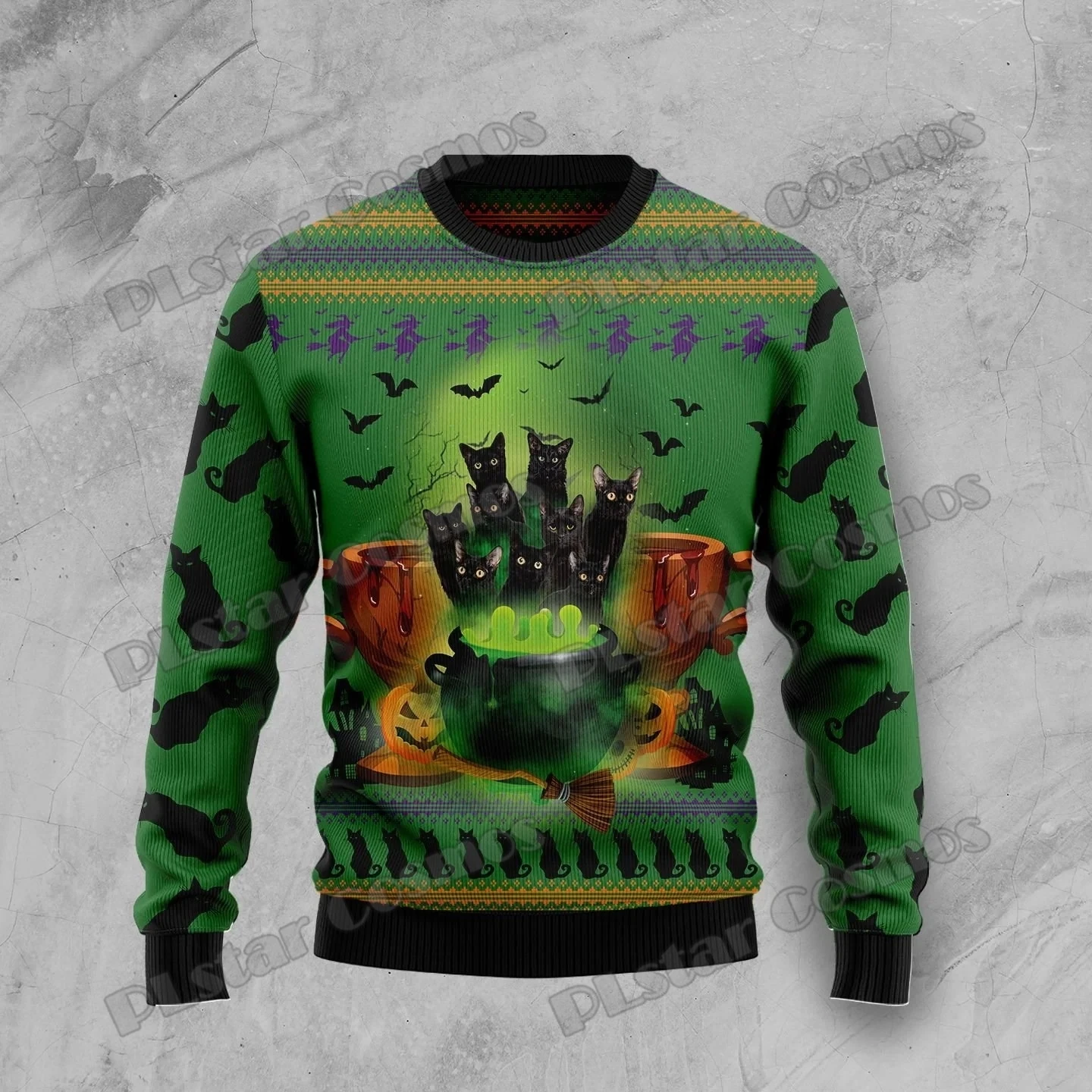 Black Cat Smells Children Halloween 3D Printed Men's Ugly Christmas Sweater Winter Unisex Casual Knit Pullover Sweater ZZM23