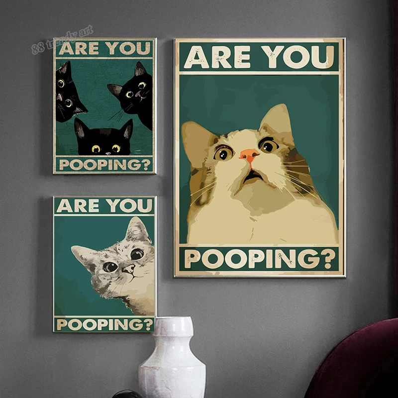 빈티지 Are You Pooping 재미있는 변기 벽 장식 캔버스 페인팅, 귀여운 고양이 포스터 및 프린트, 홈 욕실 장식, 벽 아트