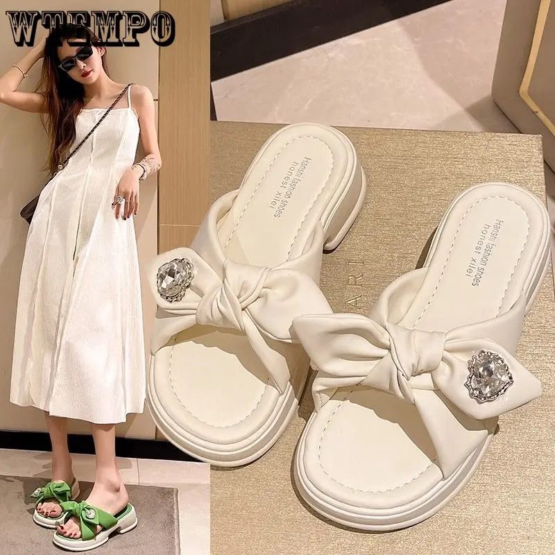 

WTEMPO Women Bow Tie Slippers Women Summer Thick Soles Comfortable Versatile Fashion Lovely Leisure Outdoor Beach Sandals
