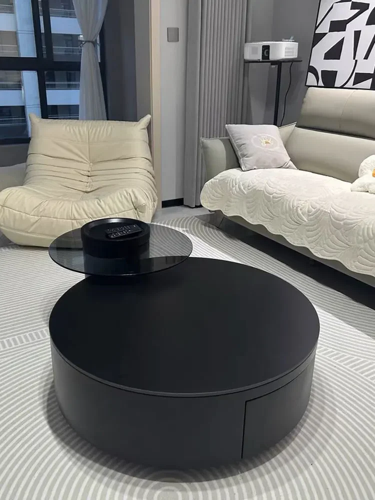 

Round rock combination coffee table Modern minimalist home-style luxury black solid wood size round glass coffee table.