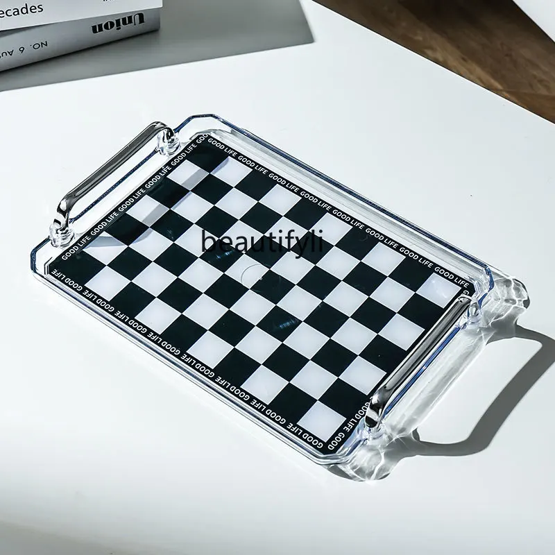 

yj Checkered Rectangular Tray Home Living Room Plastic Tray Ins Style Key Cup Tea Cup Storage Fruit Plate