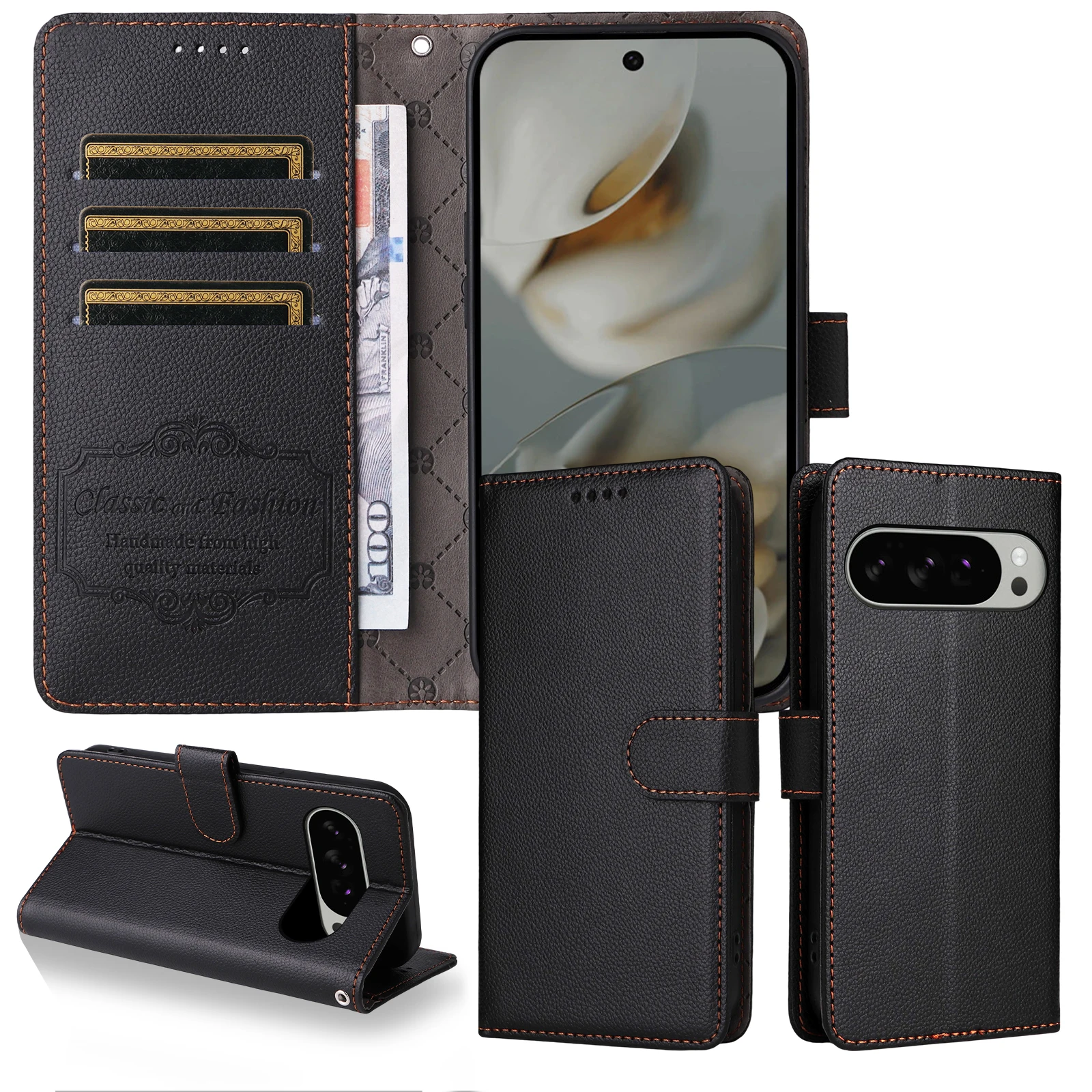 Luxury Litchi Pattern RFID Blocking Wallet Leather Case with Magnetic Flip Cover