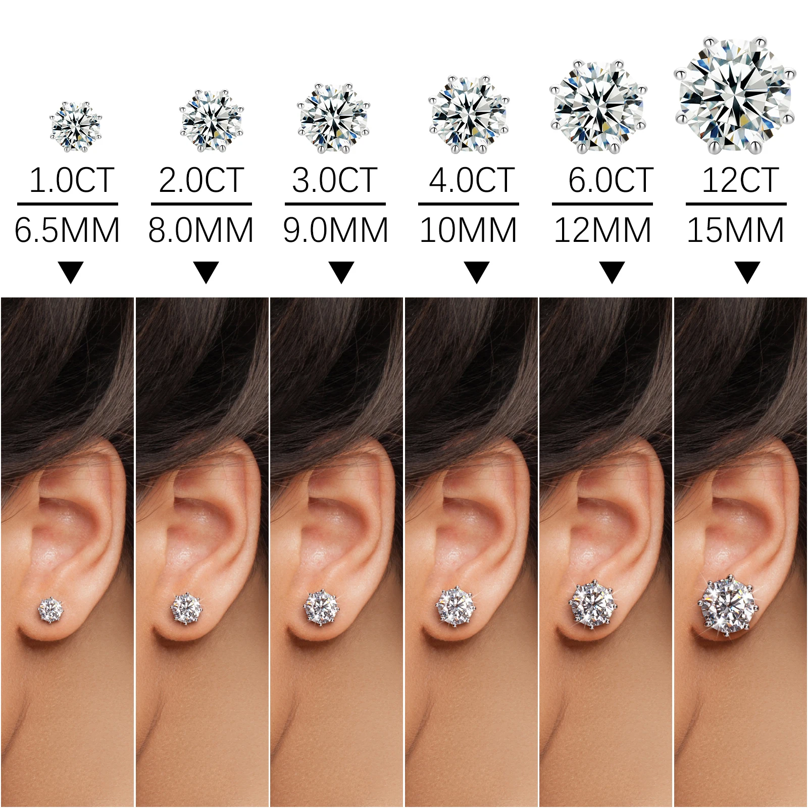 925 Sterling Silver Gold Round Stud Earrings - 2mm To 10mm Sizes, Cubic Zirconia