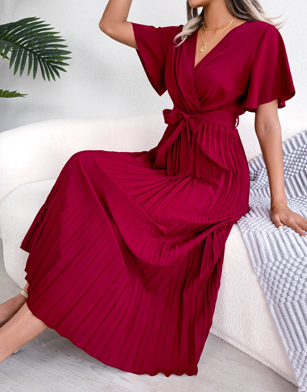 S6cdac96df39f4a92ade2473d56a6c2f1N Women Summer Casual V Neck Short Sleeve Pleated Chiffon Maxi Dress Black Red Green Clothing Mallzona