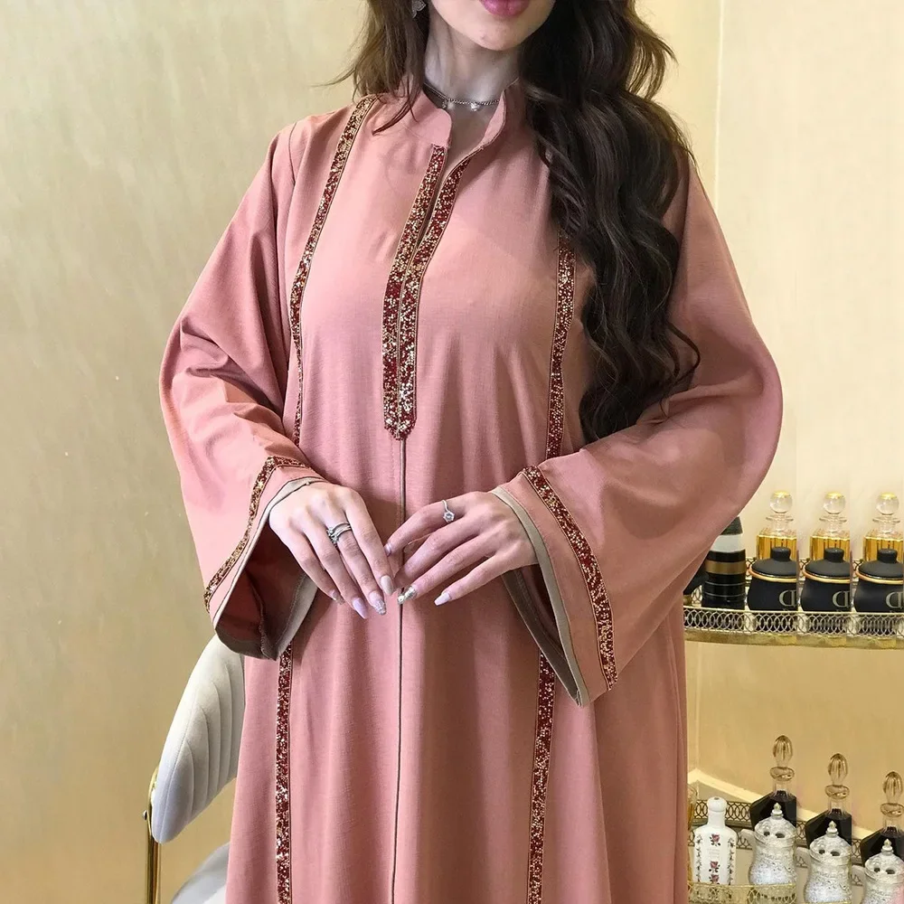 Diamonds Braid Abaya Dubai Luxury Morrocan Kaftan Robe Jalabiya Dress Ramadan Turkey Islamic Muslim African Dresses for Women