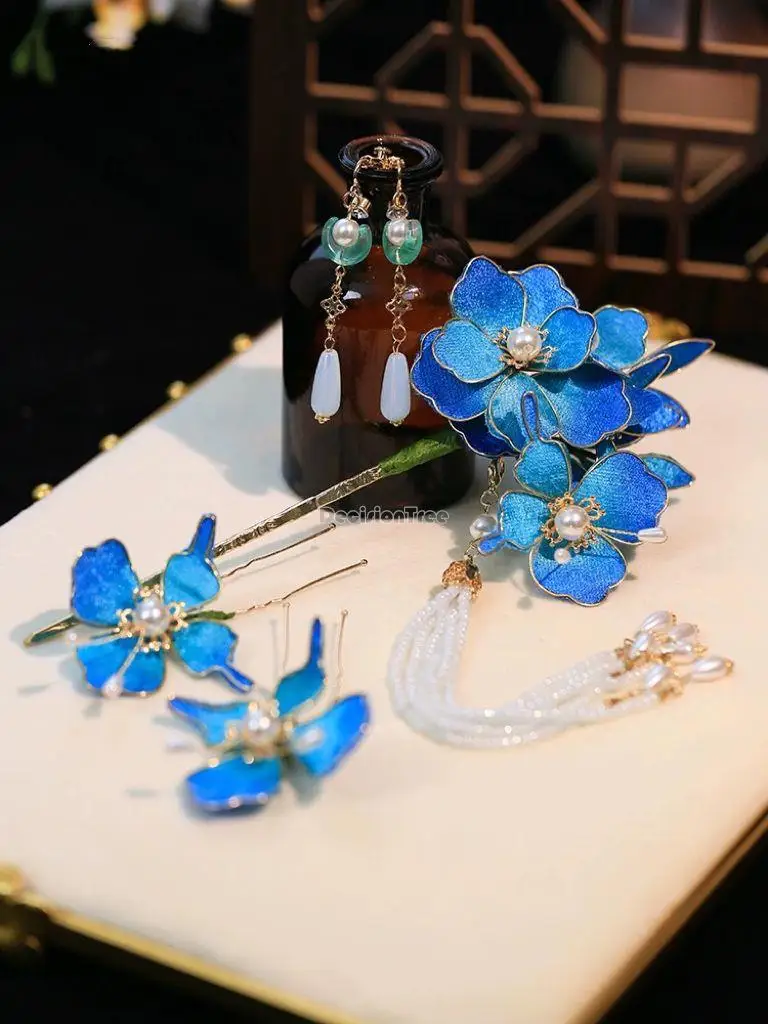 

2023 bridal headwear new xiuhe headwear blue velvet flower fringe hairpin wedding cheongsam hanfu chinese hair accessories s890