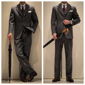 Abito monopetto da uomo monopetto in 3 pezzi retrò a spina di pesce degli anni '30 Stile spesso per abito da banchetto formale elegante in lana autunnale e invernale 1