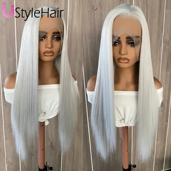 UStyleHair Off-White Lace Front Wig Light Grey Long Straight Synthetic Lace Wig Heat Resistant Fiber Hair Natural Hairline