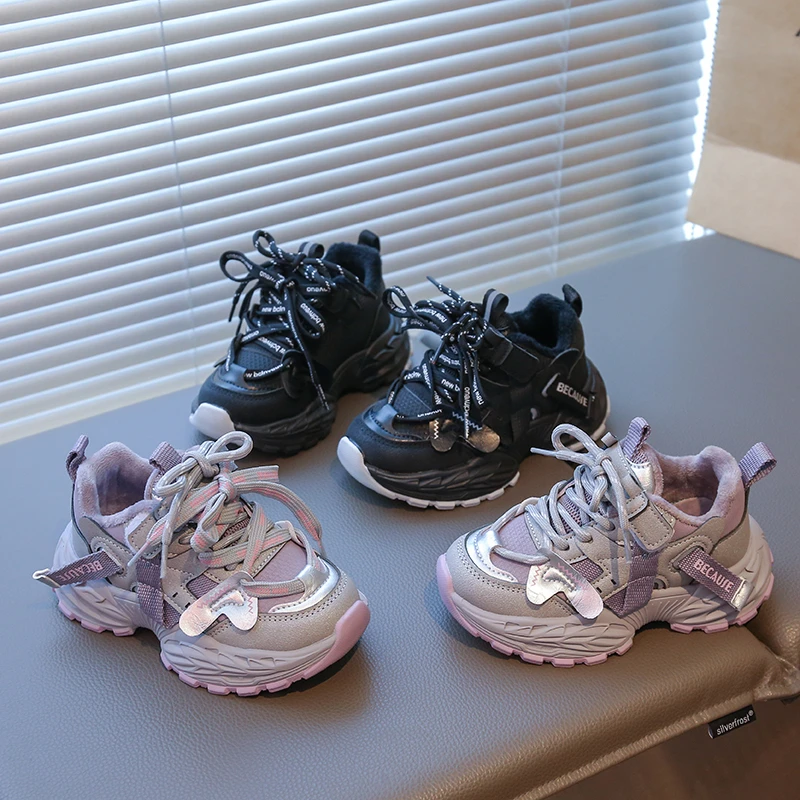 Winter Kids Fleece Walking Shoes Non Slip Thick Sole