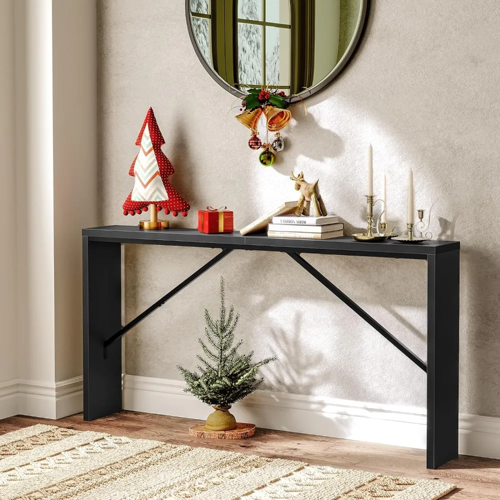 62.2" Long Sofa Table Behind Couch, Narrow Entryway Table, Farmhouse Dining Tables with Angled Metal Frame