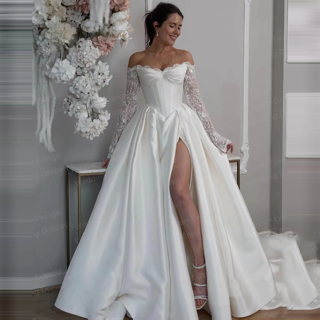 Luxury Glitter Wedding Dresses A Line Woman's Sexy Sequined Off Shoulder Bride Gowns Long Sleeve Split Vestidos Noche Customized 3