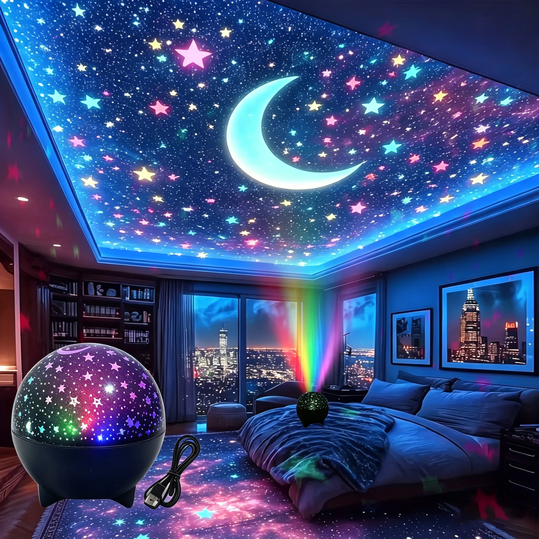 LED Night Light USB Plug RGB Starry Sky Galaxy Moon Projector Light Auto Color Changing for Kids Room Birthday Party Decor Gift