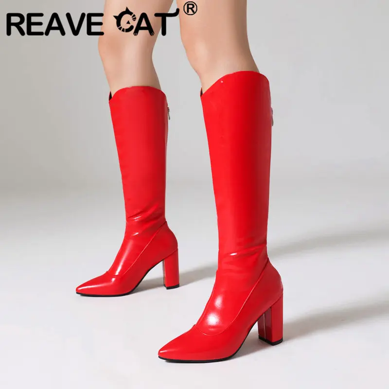 

REAVE CAT Brand Female Long Boots Pointed Toe Zipper Chunky High Heels 8.7cm Plus Size 41 42 43 Winter Concise Daily Women Bota