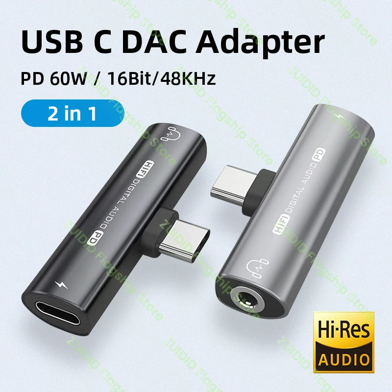 고속 충전 헤드폰 오디오 Aux 컨버터 디지털 디코더, USB C타입-USB C, 3.5mm DAC 이어폰 어댑터, PD60W, 2 인 1, 16 비트, 48kHz