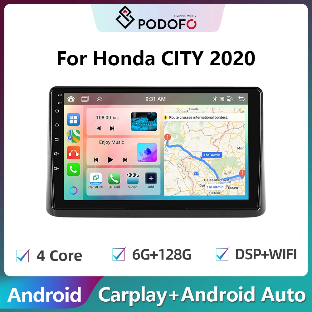 

Автомагнитола Podofo, 2DIN, Android, для Honda CITY 2020, 6 + 128 ГГц, Carplay, стереопроигрыватель, Авторадио, Wi-Fi, GPS-навигация, FM/RDS