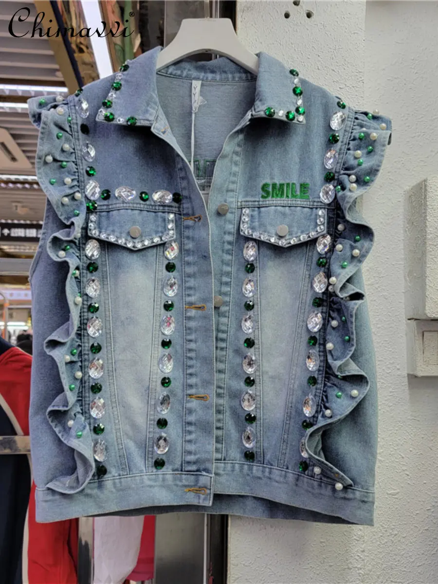 

Exquisite Rhinestone Sequined Letters Denim Vest Women's Loose Vest Coat Spring New Fashion Short Elegance Sleeveless Tanks Top