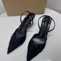 Women's Mesh Floral Embroidered Slingback High Heels Female Open Heel Pearl Studded Pointed Toe Sandals Sexy Stiletto Lady Mules - Image 6