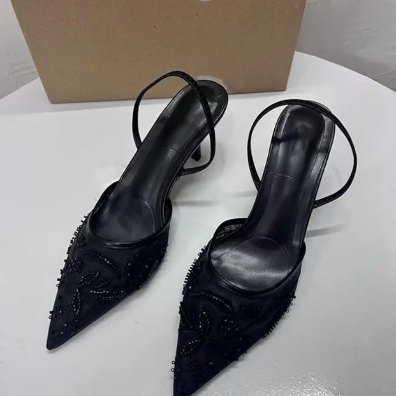 Women's Mesh Floral Embroidered Slingback High Heels Female Open Heel Pearl Studded Pointed Toe Sandals Sexy Stiletto Lady Mules 6