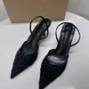Women's Mesh Floral Embroidered Slingback High Heels Female Open Heel Pearl Studded Pointed Toe Sandals Sexy Stiletto Lady Mules 6
