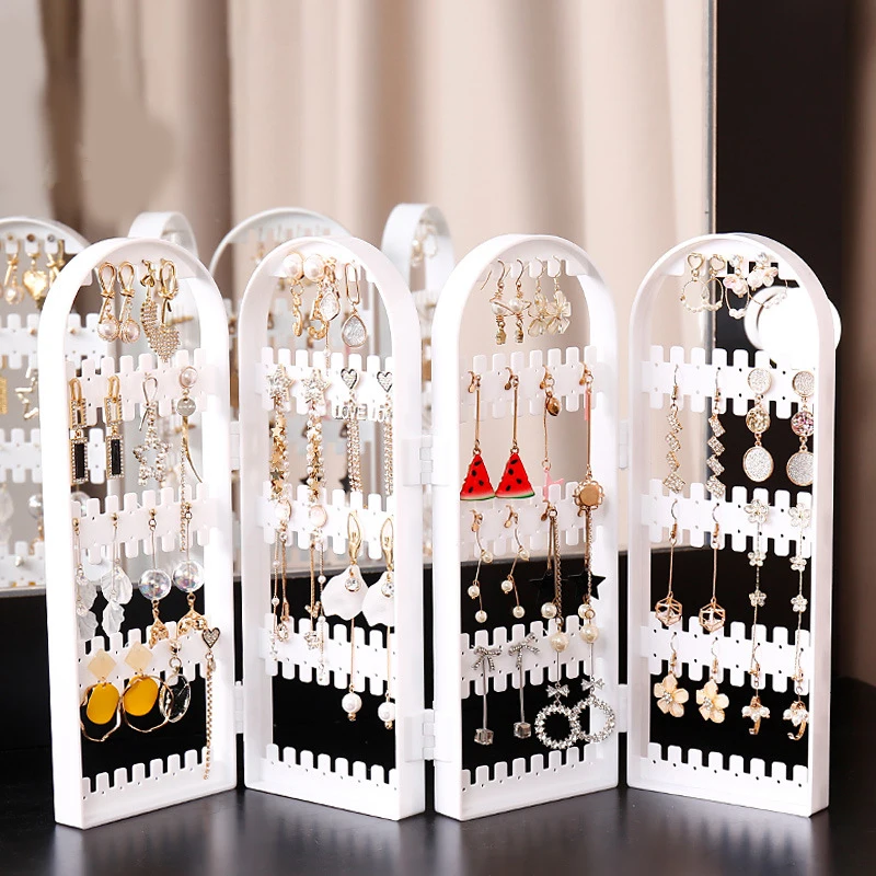 Acrylic Display Stand Jewelry Storage Rack 1 Set Folding Earrings Studs Display Rack Necklace Jewelry Shelf Stand Holder 2-4 Fans Panels Screen Organizer Storage Box