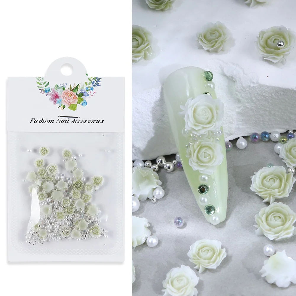 30-Piece Pink Rose 3D Nail Rhinestone and Pearl Charms Set
