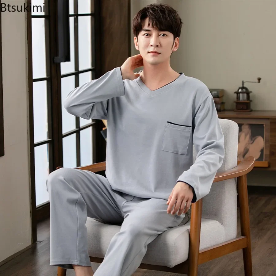 Pajama Sets Fashion Lounge Men's Spring Long-sleeved Tops Trousers Cotton Homewear Comfort Sleepwear Two Pieces