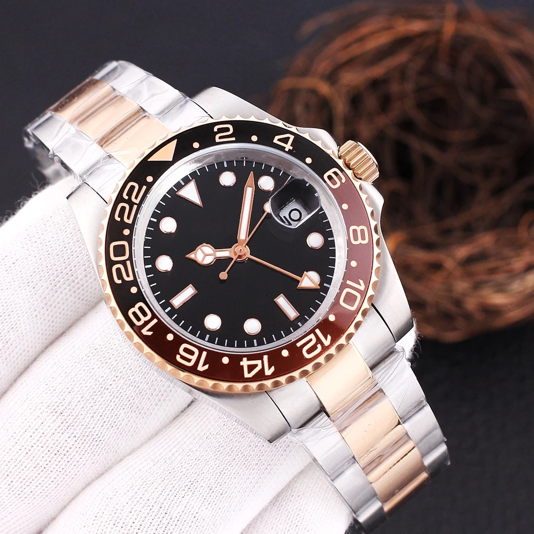 Automatic Mechanical Mens Watch GMT Black Ceramic 