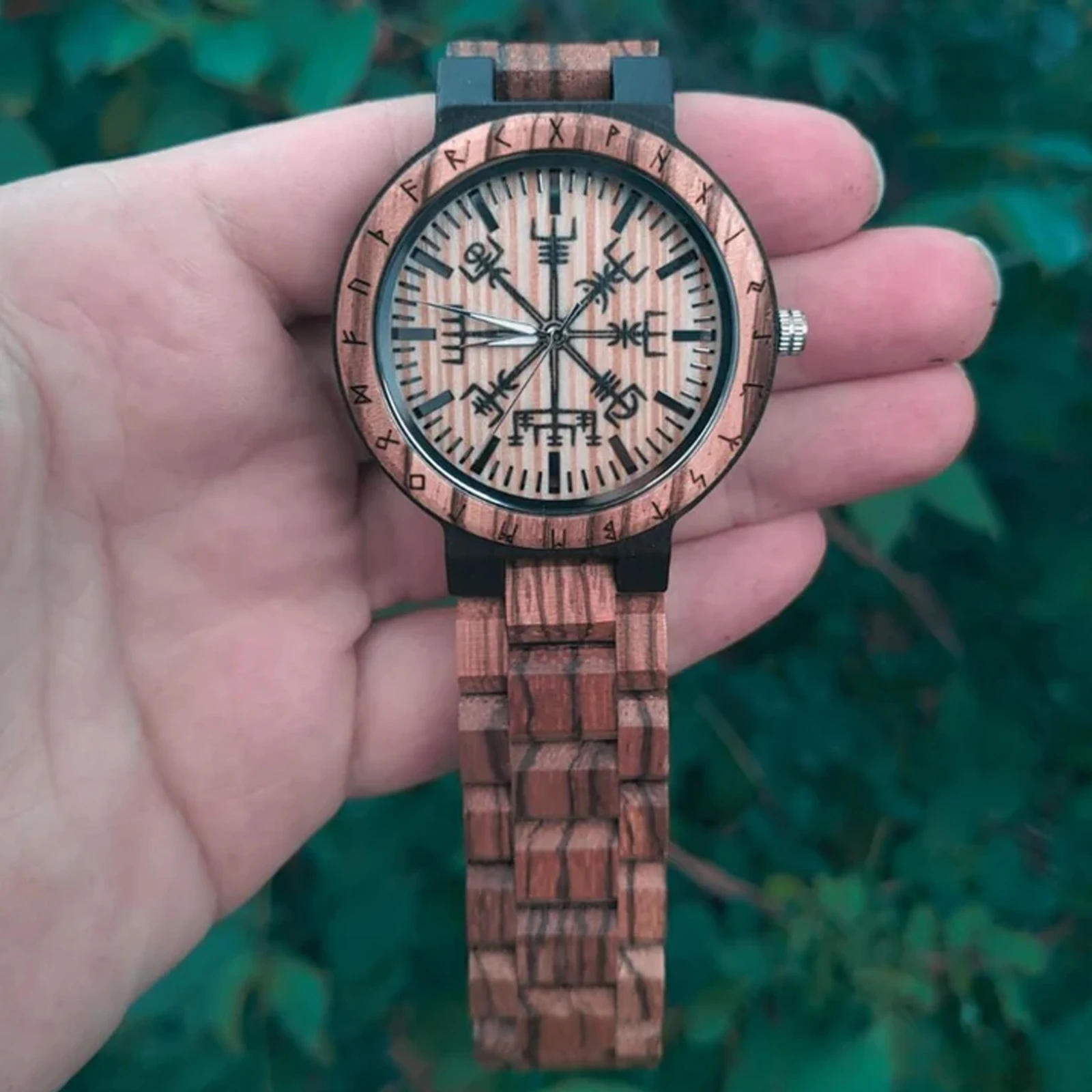 FANDAO VIKING Mens Wooden Watches, Vegvisir Tattoo Watch Face Retro Rune Men's Wooden Wrist Watch, With Strap Removal Tool