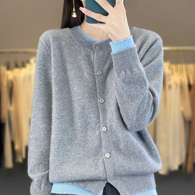 

BELIARST 2024 Spring and Autumn New Women's Round Neck 100% Wool Cardigan Sweater Fake Two Piece Knitted Top BE-6698