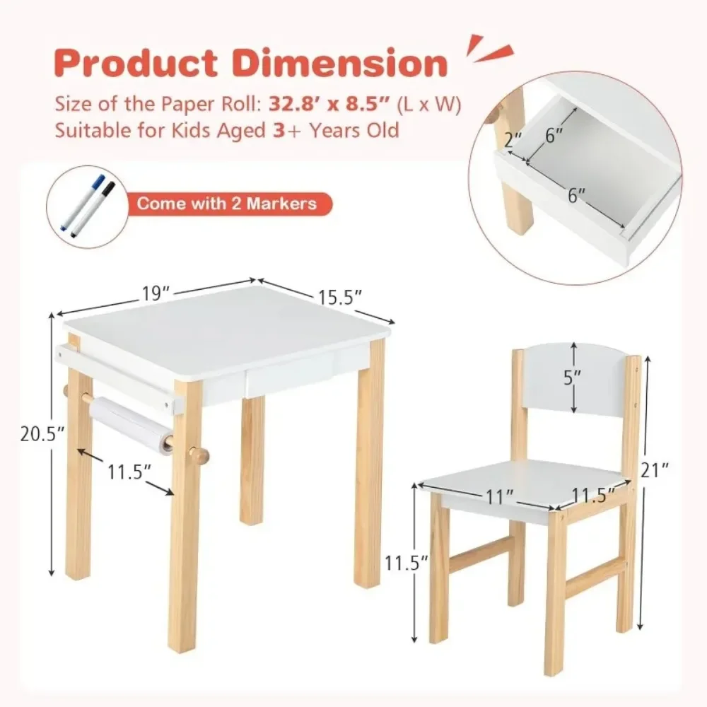 Kids Table and Chair Set, Toddler Study Desk w/Paper Roll, Drawer, 2 Marker Pens, Wooden Activity Table Set for Playroom 4