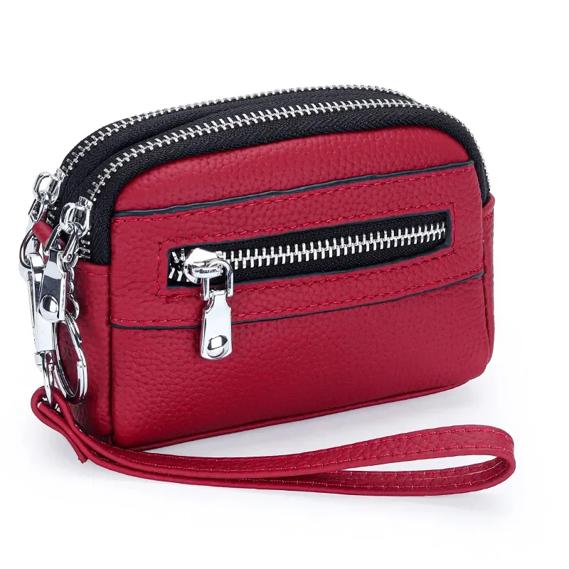 

Women's Wristlet Clutch Purse Cow Leather Cell Phone Wallet Handbag with Wrist Strap Large Capacity Double Zipper Coin Purse Bag