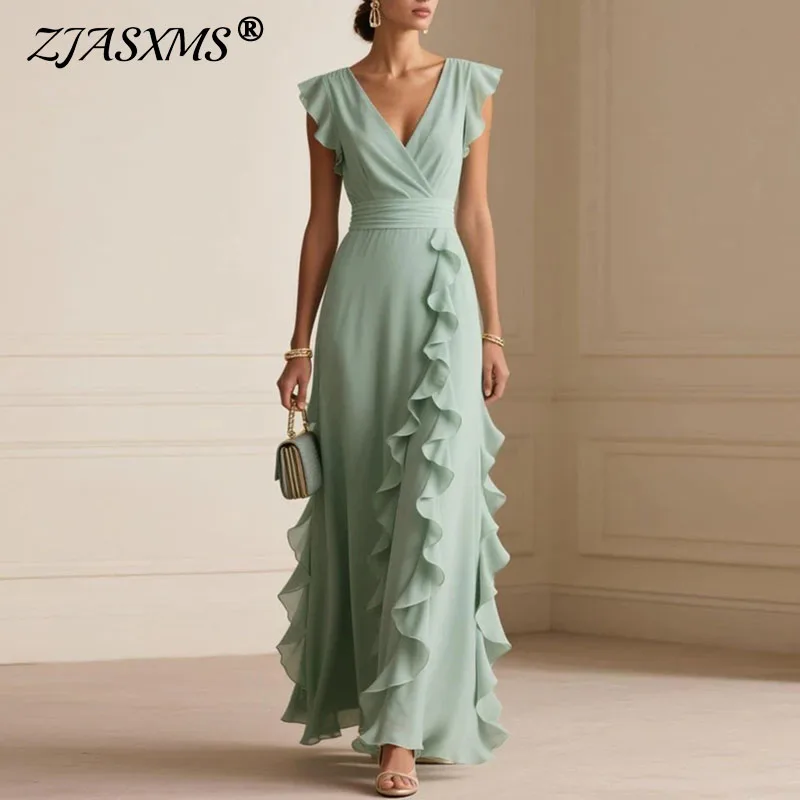 2026 Spring V Neck High Waist Ruffles Evening Dresses Casual Solid Slim  Woman Summer Dress Sexy Butterfly Sleeve Boho Long Dress - AliExpress  200000345