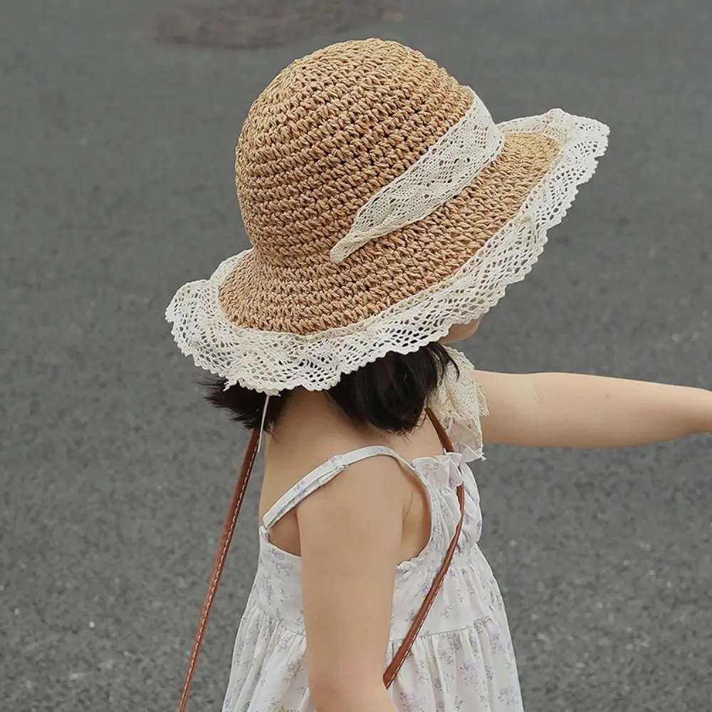 Lace Up Children Straw Sun Hat Shading Hat Anti-UV Sun Hat Cartoon Sunshade Hat Korean Style Foldable Children's Visor Hat