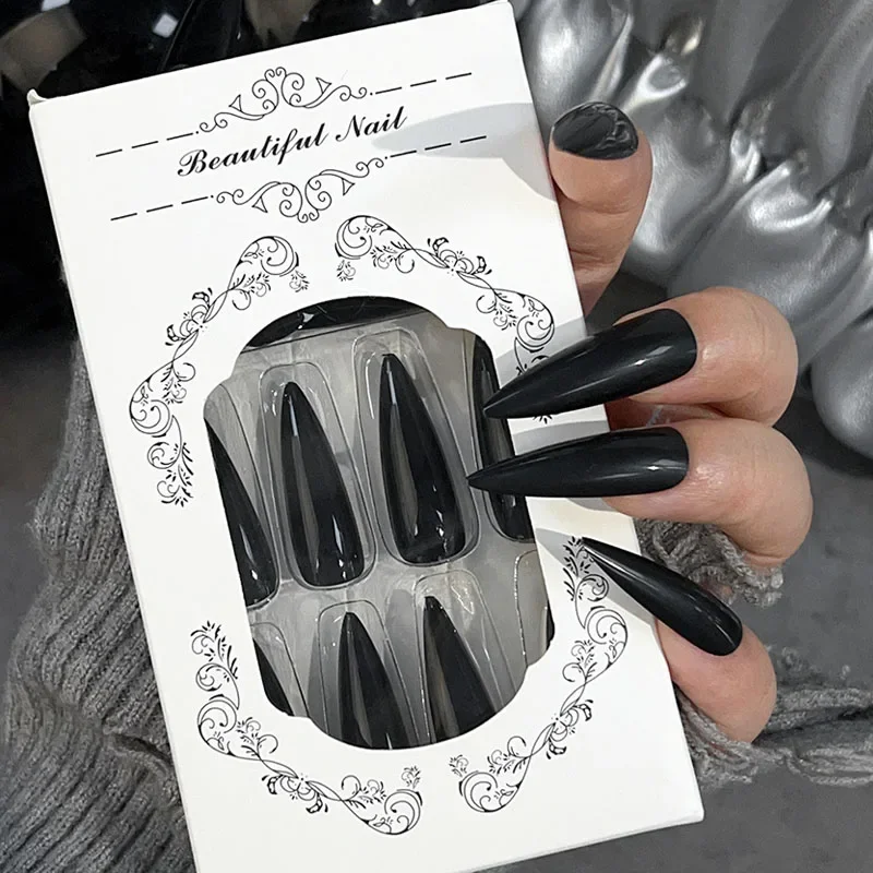 Black PVC Long Stiletto Fake Nails for DIY Nail Art
