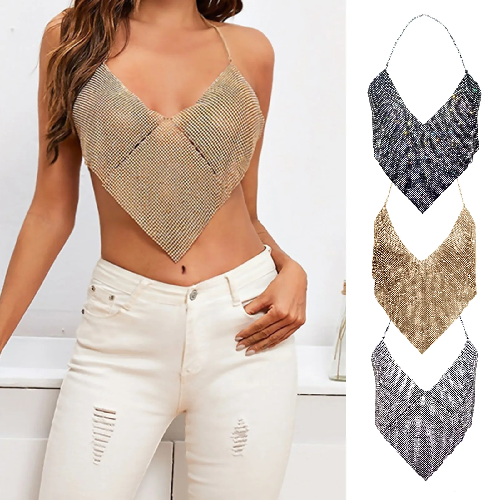 

2022 Triangle Diamonds Crop Top Crystal Halter Summer Tops Glitter Women Sexy Backless Nightclub Bralette Tank Top