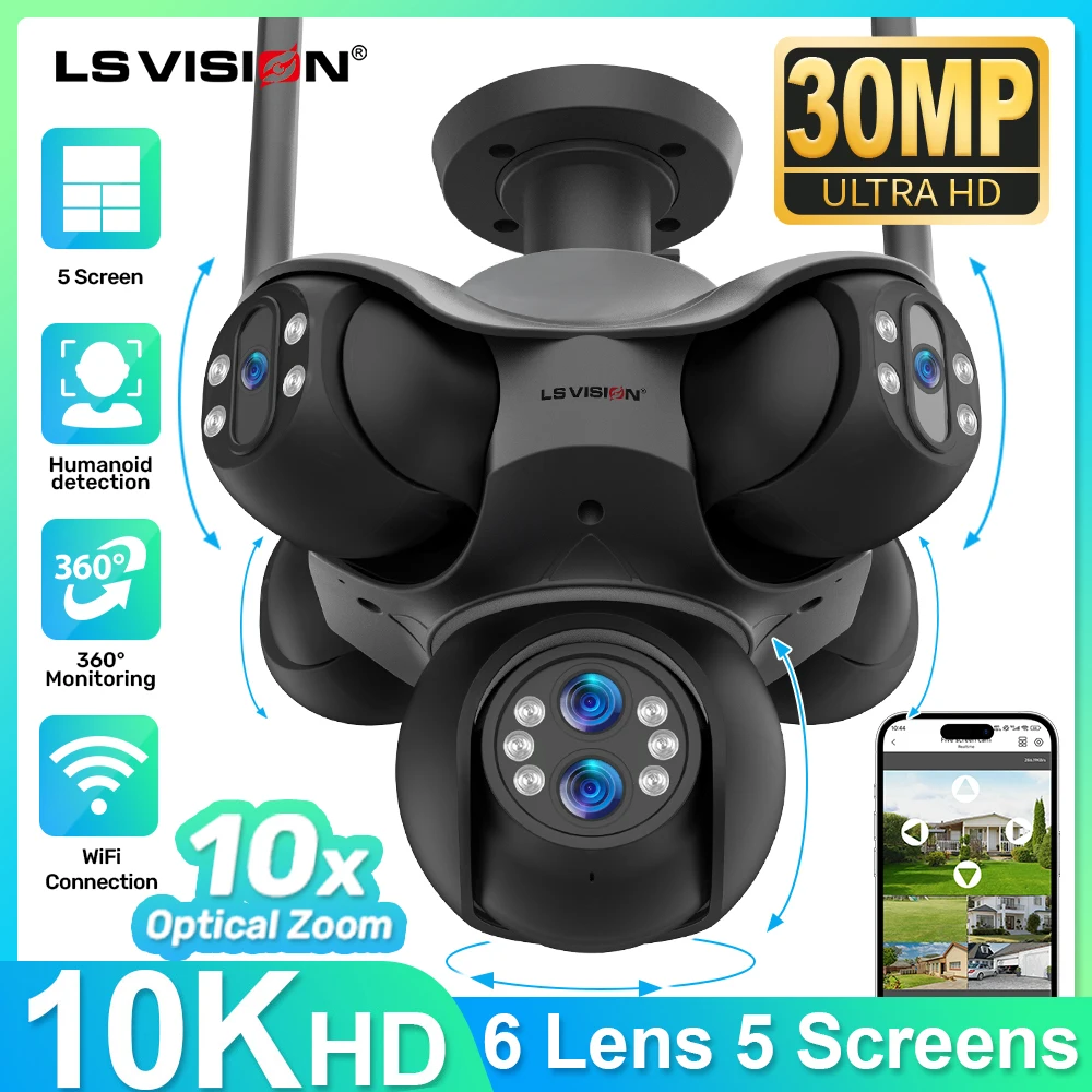 LS VISION 5-Screens Panoramic Wifi Security Camera Outdoor Home Surveillance Mounting 5 PTZ 6 Lens 10X Optical Zoom Cctv Cameras 1