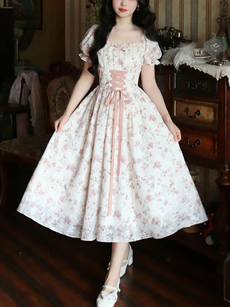 

Летнее корейское модное кружевное сказочное платье, женское милое платье принцессы с квадратным вырезом и цветочным принтом, женское милое Бандажное платье 2024