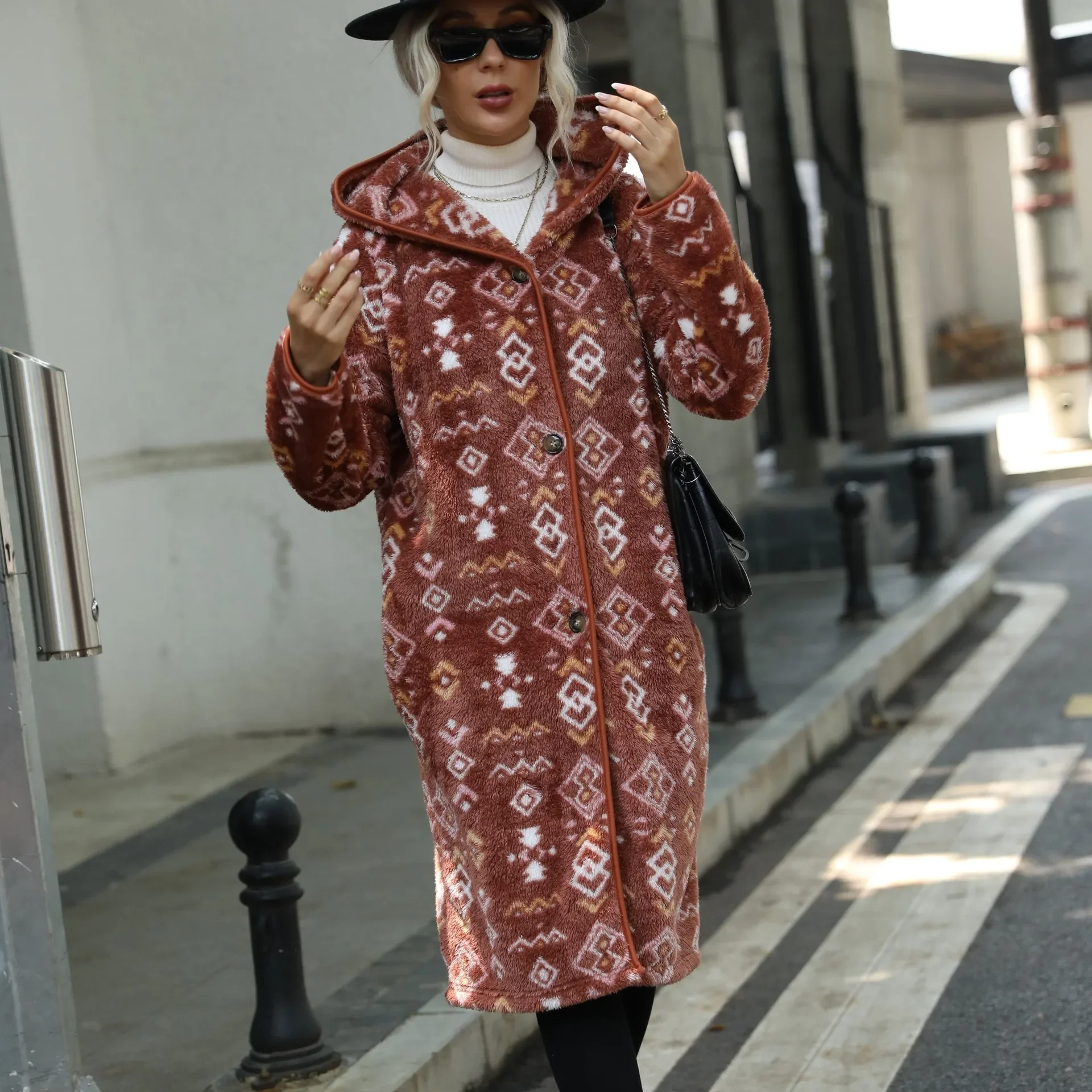 European and American women's hooded long sleeved geometric printing single breasted extended regular plush coat woolen cloth