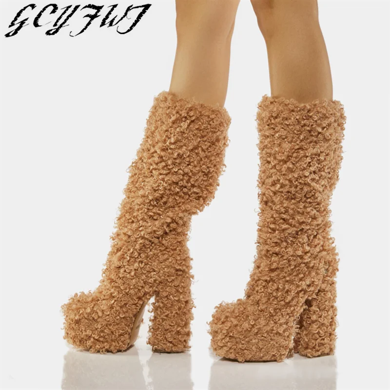

2023 Winter New Style Warm Women's Knee High Boots Round Toe Crude Heel Platform Ladies Brown Party Novelty Boots Women Shoes