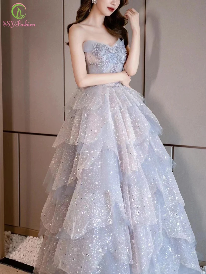 

SSYFashion New Luxury Evening Dress for Women Gradient Purple Dream Seuqing Beading A-line Floor-length Prom Formal Party Gowns