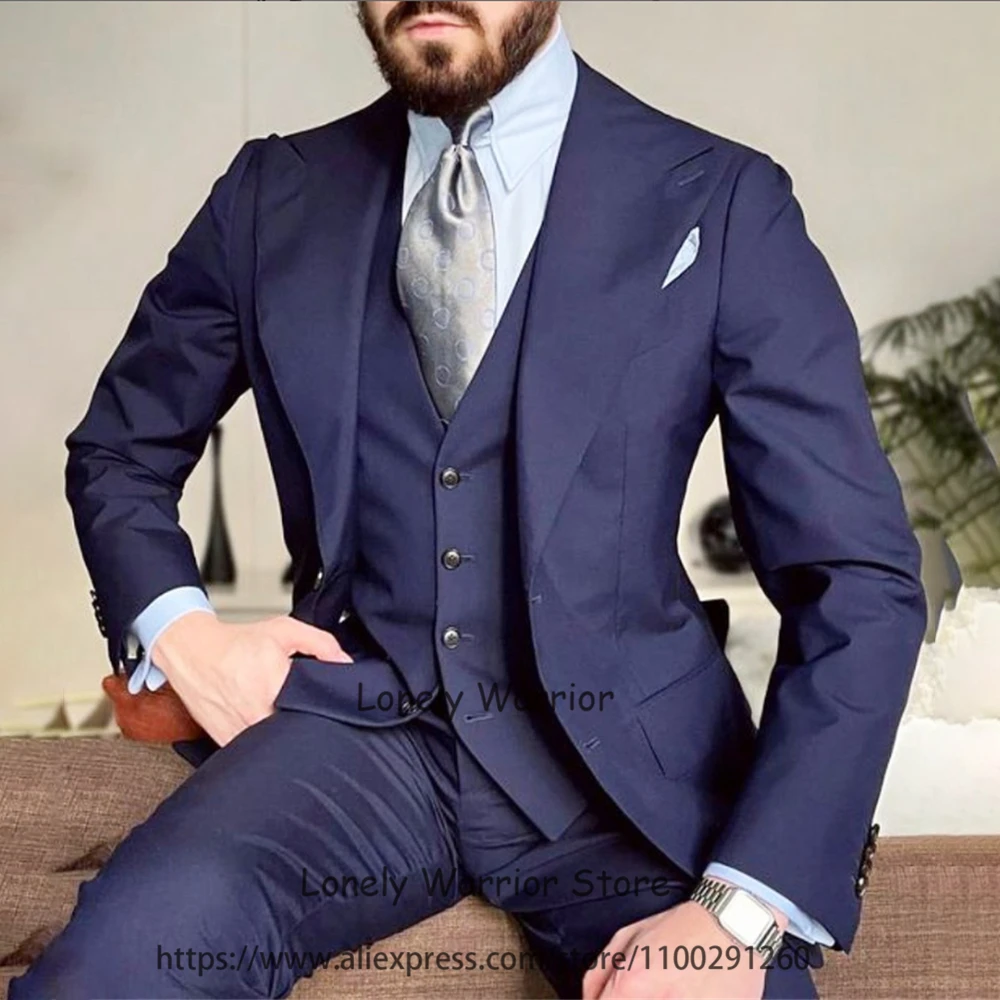 

Классические темно-синие повседневные мужские костюмы, Официальный деловой Блейзер, облегающий Банкетный смокинг, 3 предмета, пиджак, жилет, брюки, комплект Terno Masculino