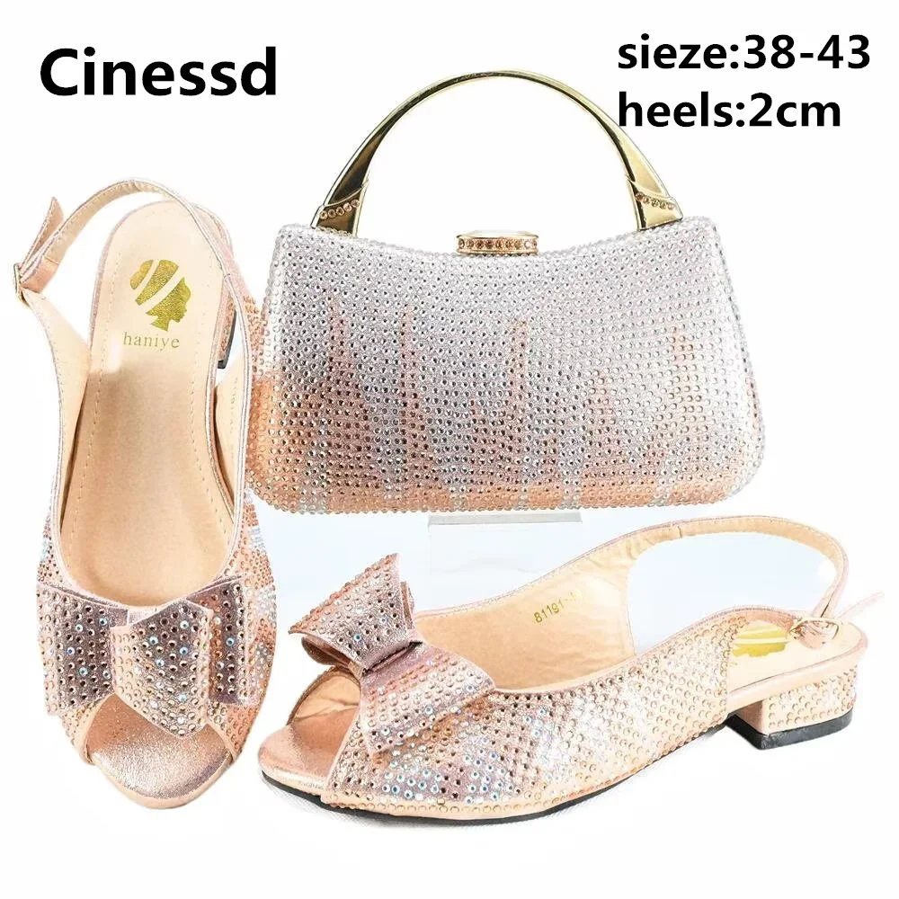 

Sweet Italian Women Shoes and Bag Set in Champagne Color Comfortable Heels Italian Style Fashion Peep Toe Sandals for Party